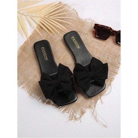 Women's Bow Black Square Toe Flat Summer Sandals Slides Slip On Shoes - Picture 2 of 7